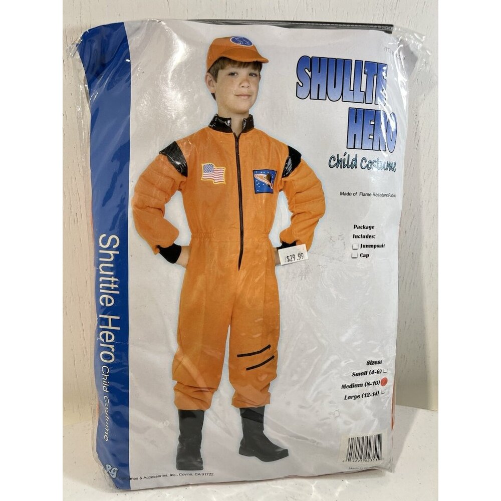 Shuttle Hero Child Costume, Size Medium 8-10 Orange Jumpsuit Cape NOS